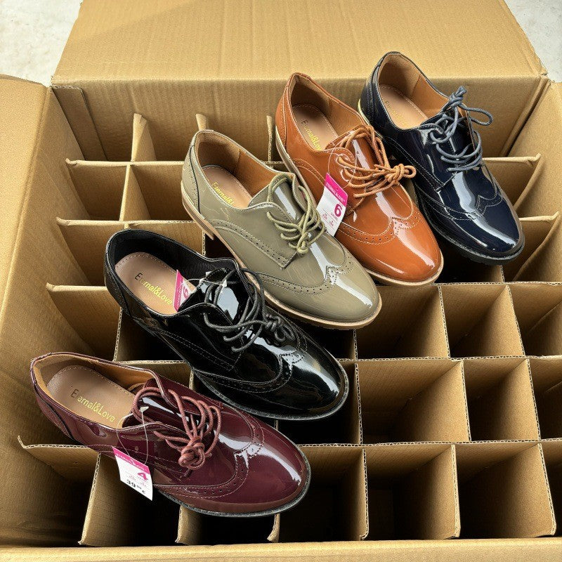 Women's Simple British Style Drawstring Patchwork Glossy Leather Shoes
