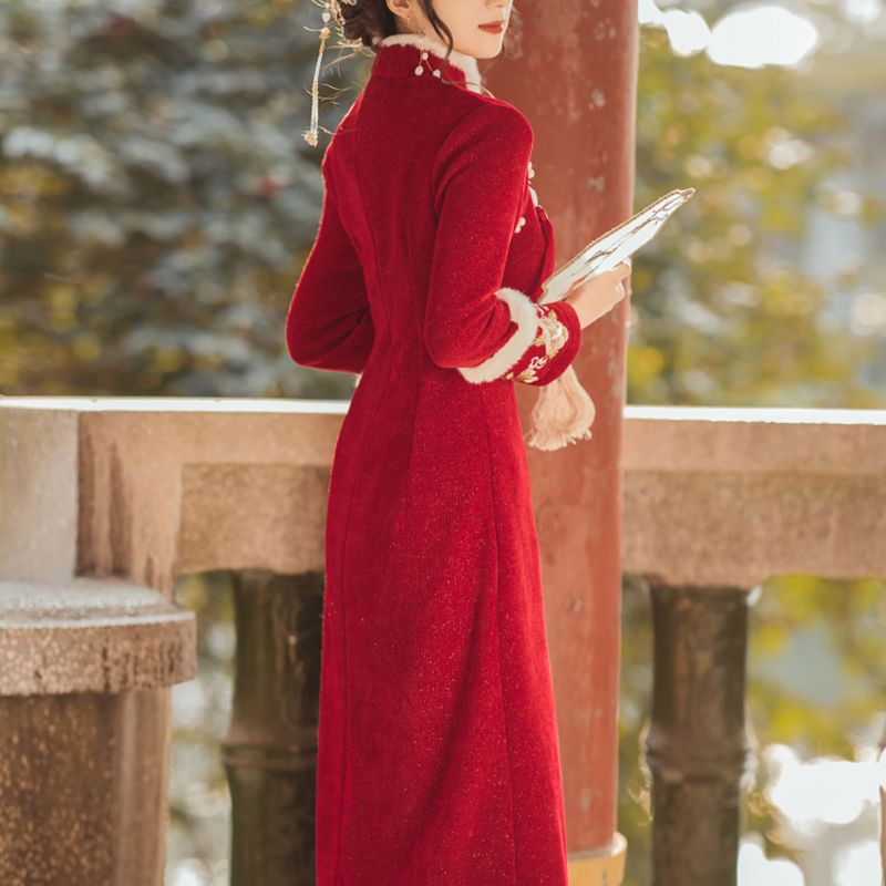 Thickened Wine Red Bridal Toast Modernized Cheongsam Style Dress