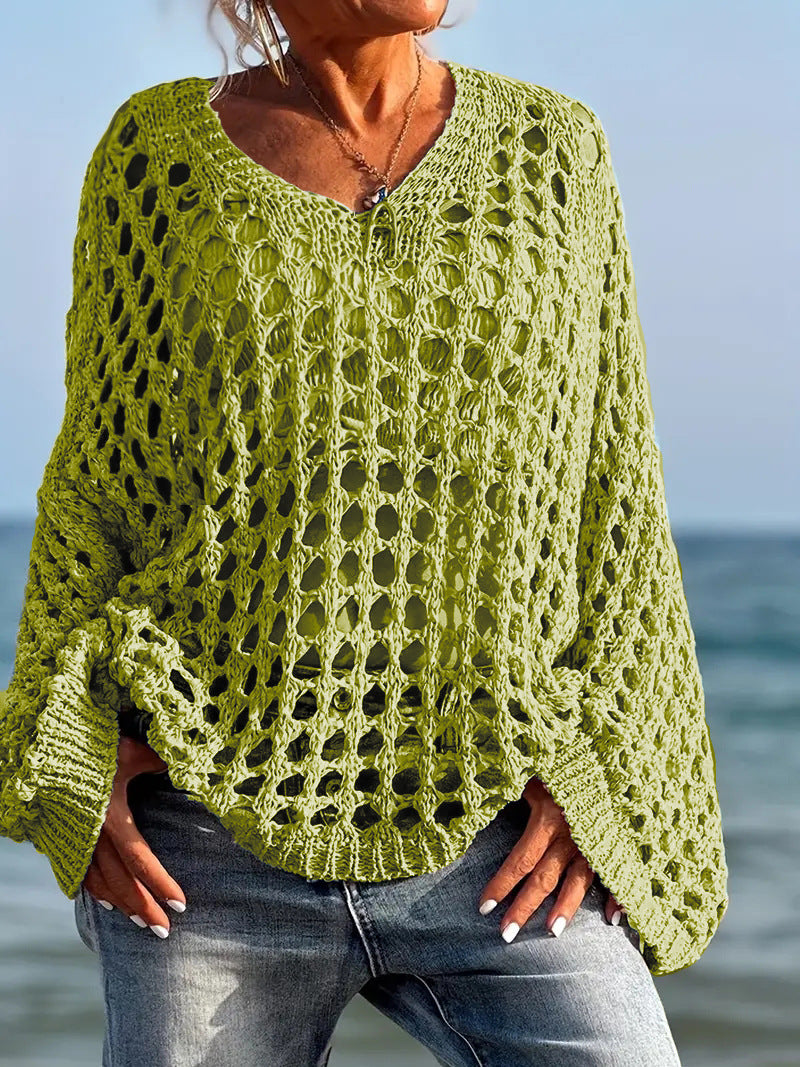 Loose Leisure All-matching Hollow Long Sleeve Plus Size Women's Knitted Sweater