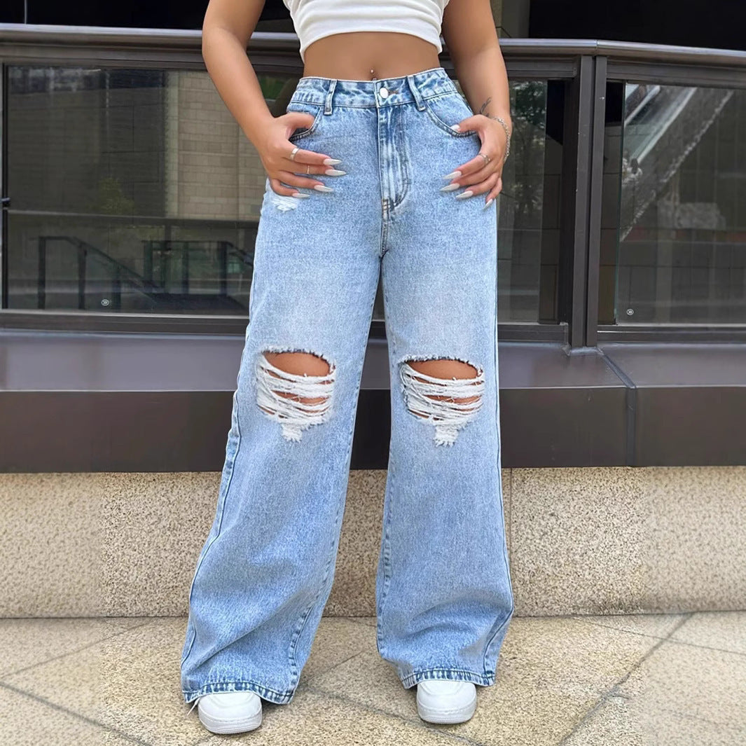 Ripped Washed Jeans Loose Straight Wide Leg