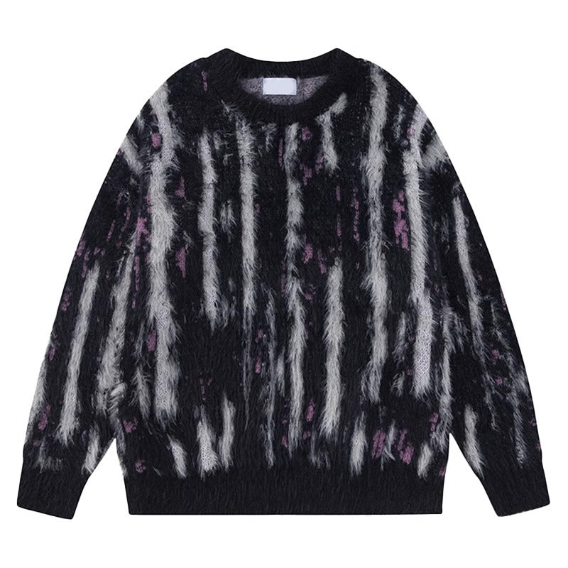 High Street Kontrastfarvede Lodrette Striber Rund Hals Efterår Vinter Retro Doven og Løs Minklignende Sweater