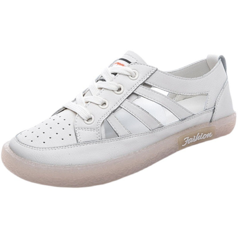 Women's Large Size Leather Toe Hollow White Shoes
