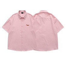 American Retro Dachshund Funny Embroidery Short Sleeve Plaid Shirt