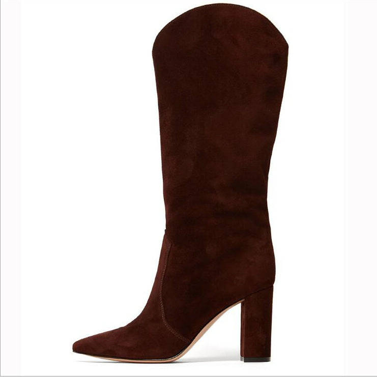 Pointed Toe And Thick Heel One-foot Large Size European And American Women's Knee-length Boots