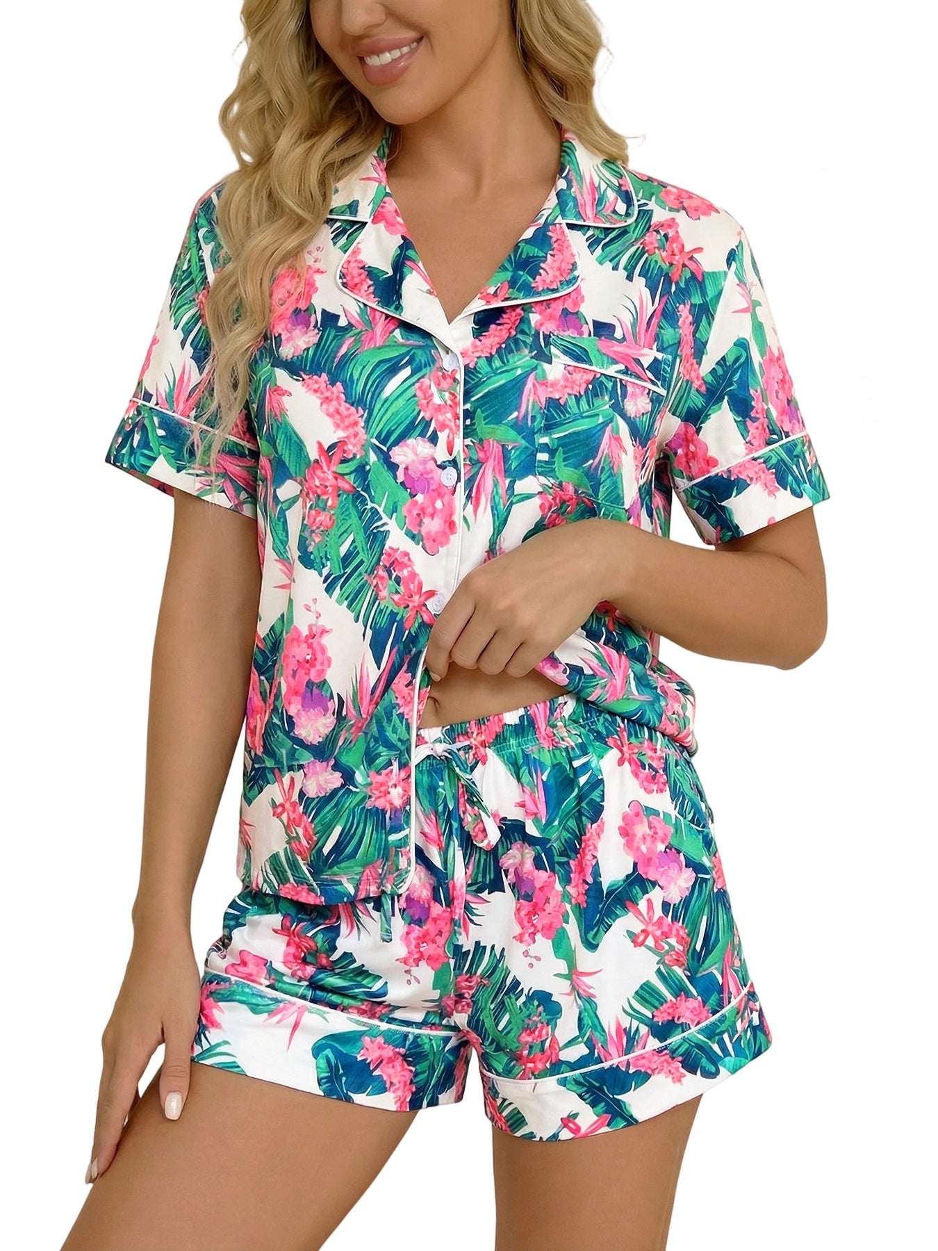 Digital-print Short-sleeve Top And Shorts Two-piece Set