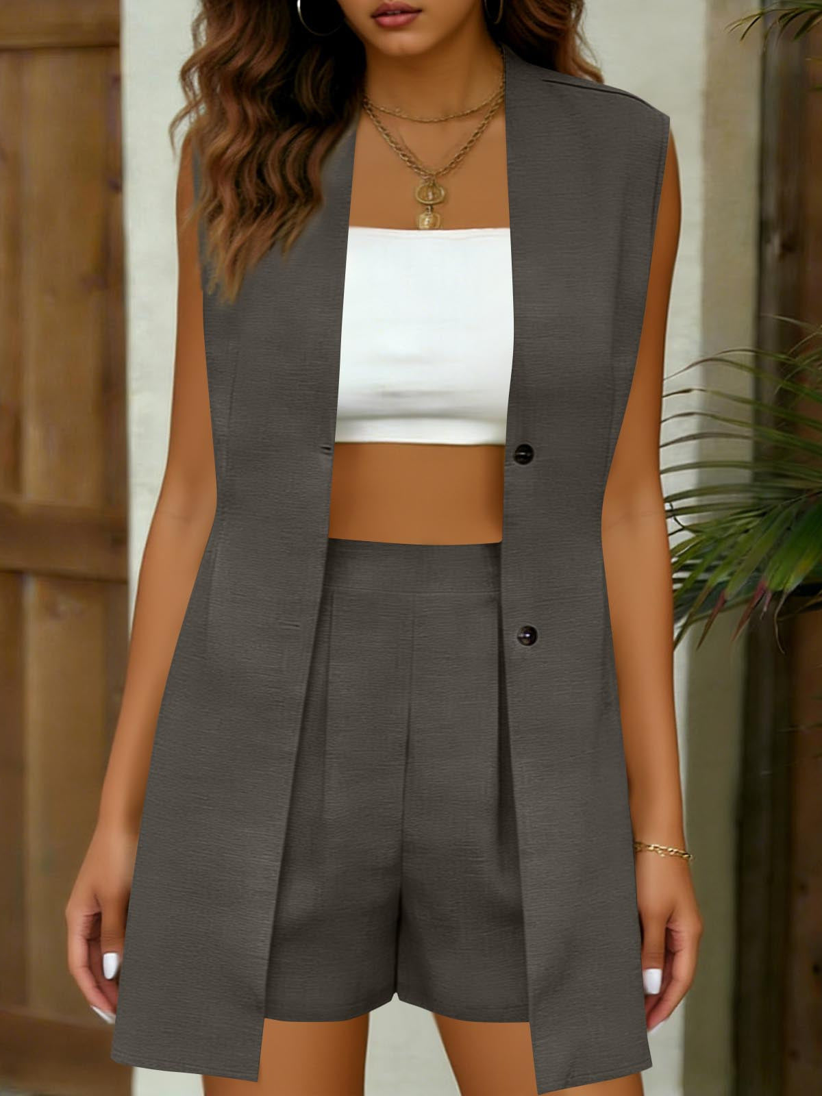 Elegant Commuter V-Neck Sleeveless Top Vest Jacket And Shorts Set