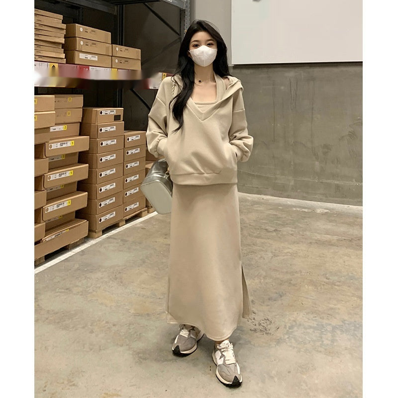Loose Hooded Sweatshirt Set Women Sexy Knitted Halter Two-piece