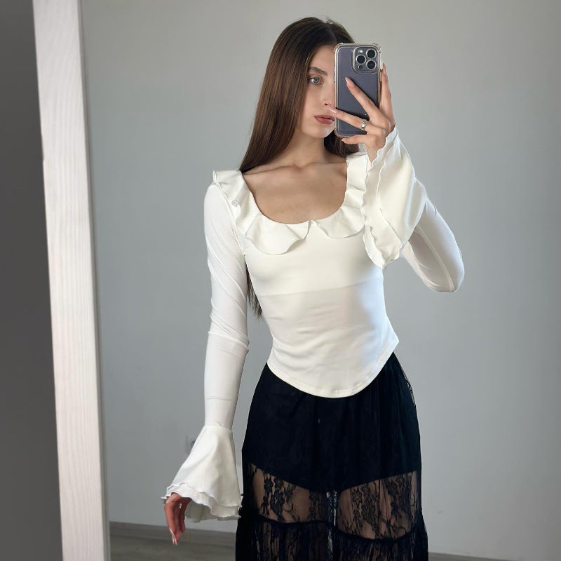 Ruffle-trimmed Crew-neck Top With Flared Sleeves