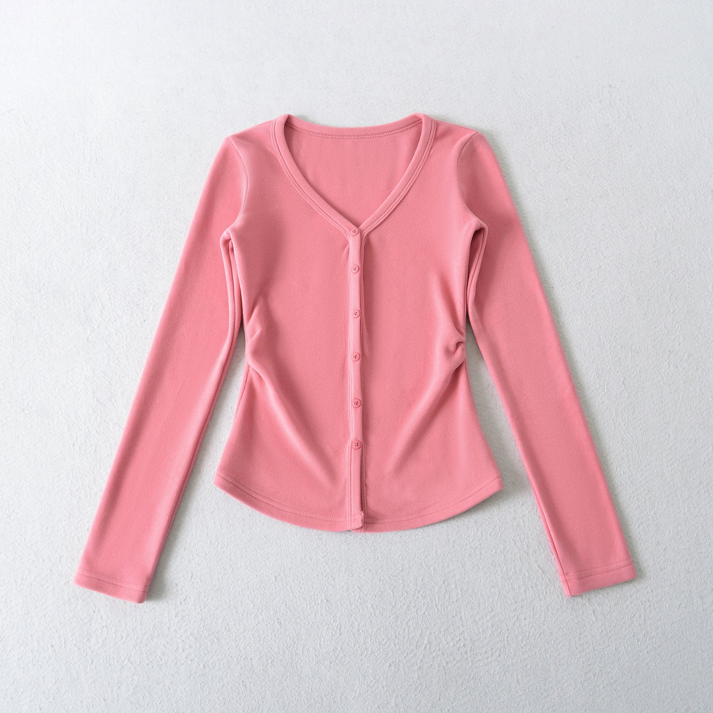 Macaron-colored V-neck Button-front Waist-cinching Top With Long Sleeves
