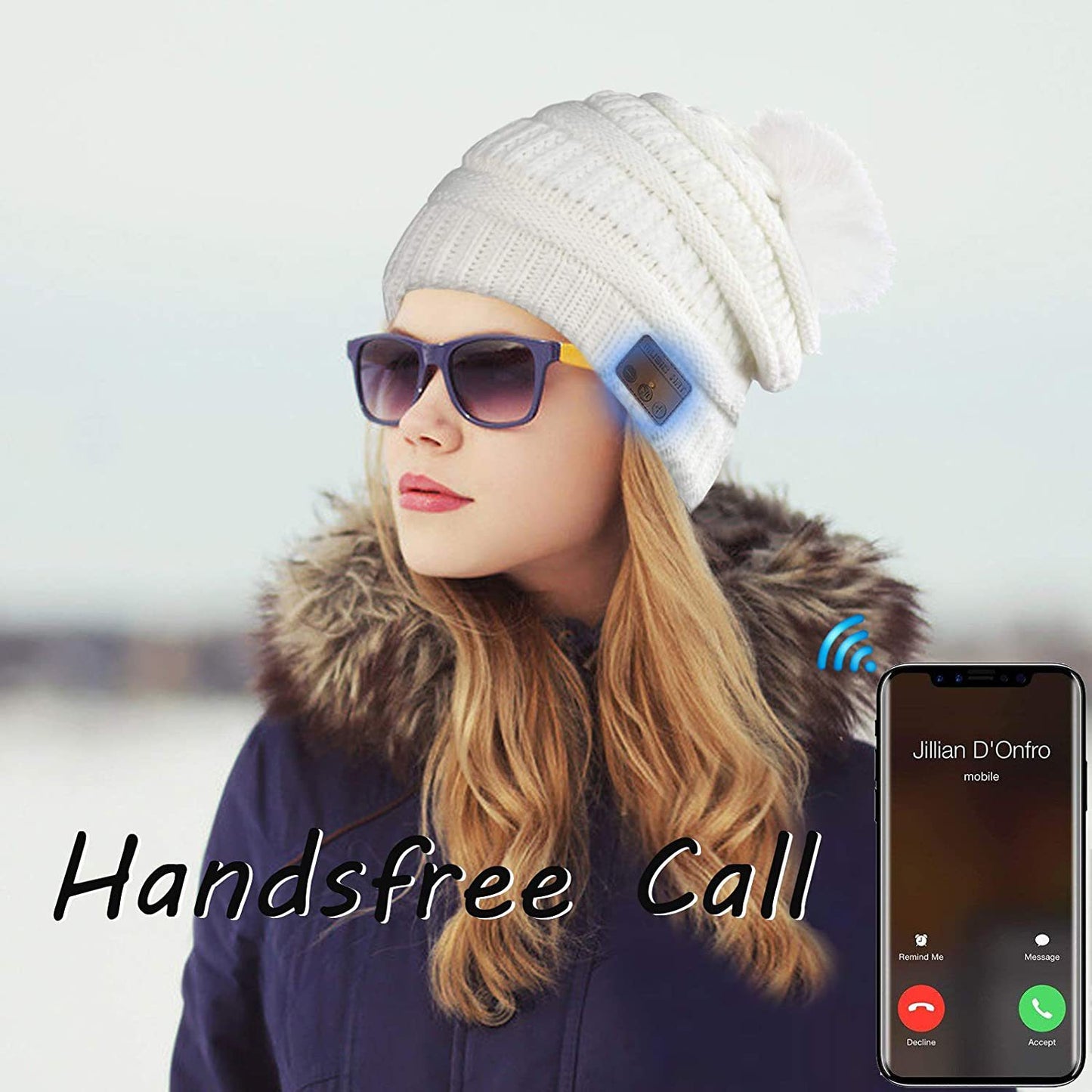 Music Plus Fluff Ball Knitted Hat Keeps Warm In Winter