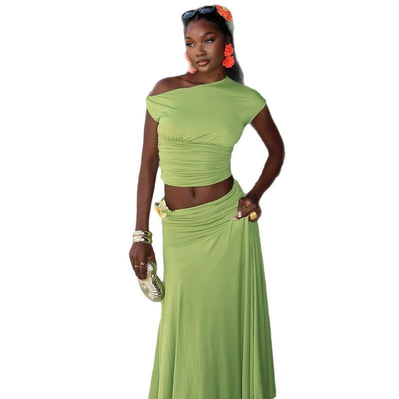Women's Casual Streetwear Pleated Asymmetrical-Neck Two-Piece Set