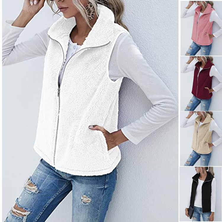 Plush Stand Collar Sleeveless Zipper Lightweight Vest