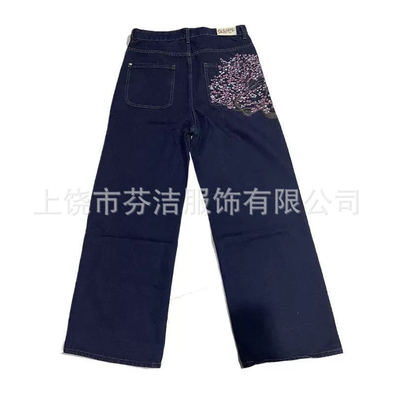 Digital-print Floral Faux Denim Straight-leg Floor-length Pants 3D