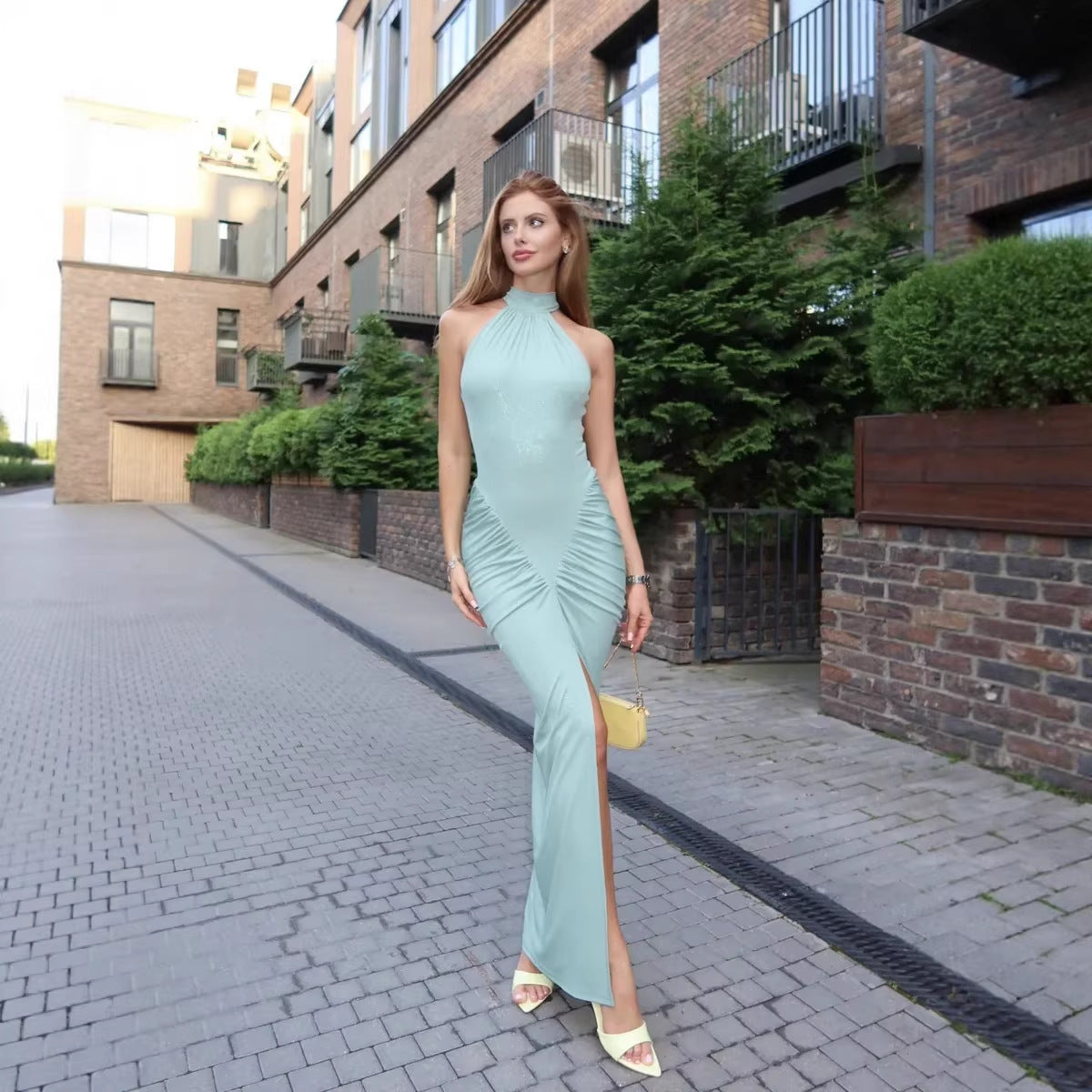 High Neck Halter Style Figure Flattering Elegant And Chic Pleated Party Maxi Dress