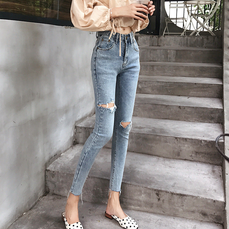Fashion High-waisted Elastic Pierced Small Feet Retro Hong Kong-style Cropped Trousers