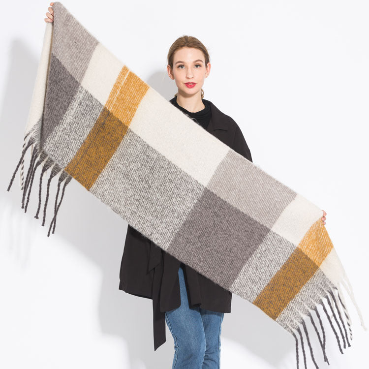 Check print fringed cashmere scarf