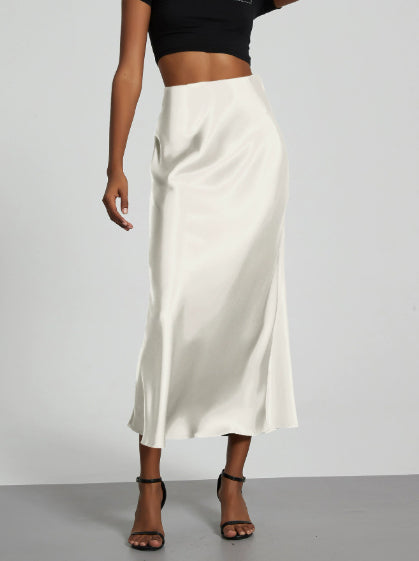 Dame Slim Fit Satin Nederdel Mode Smart Ensfarvet Lang Nederdel