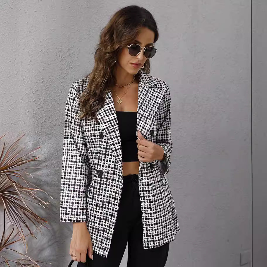 Autumn Women's Houndstooth Lapel Long Sleeve Coat