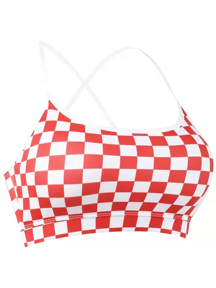 New Women's Fitness Running Yoga Checkerboard Plaid Sports Sling Bra