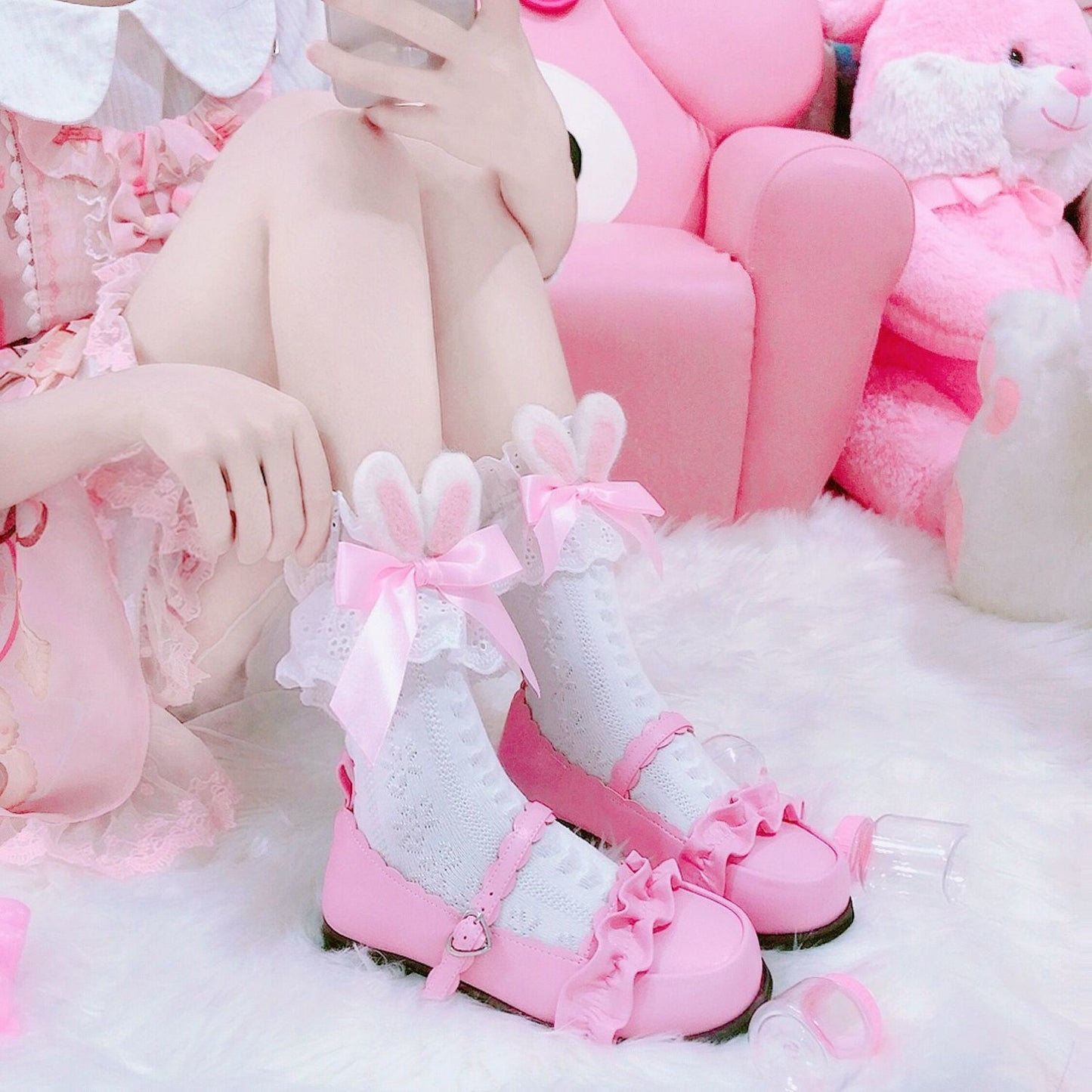 Japanese cute pink Lolita medium short cotton socks