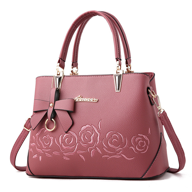 Embroidered rose tote shoulder bag