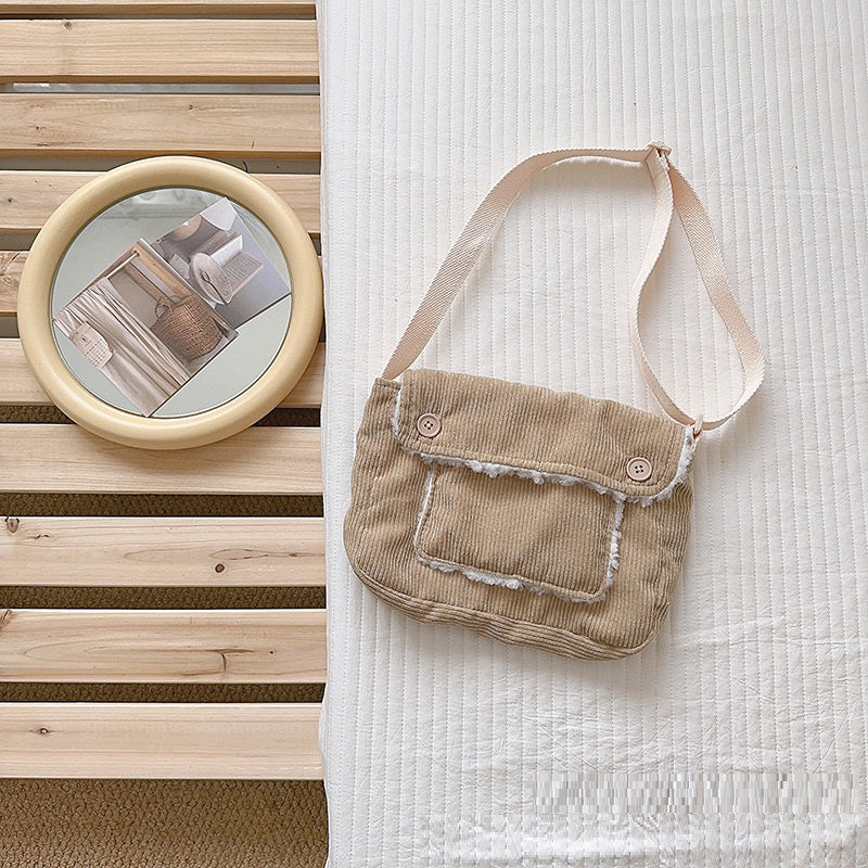 Retro Corduroy Solid Color Personalized Button Children's Cross Body Shoulder Bag