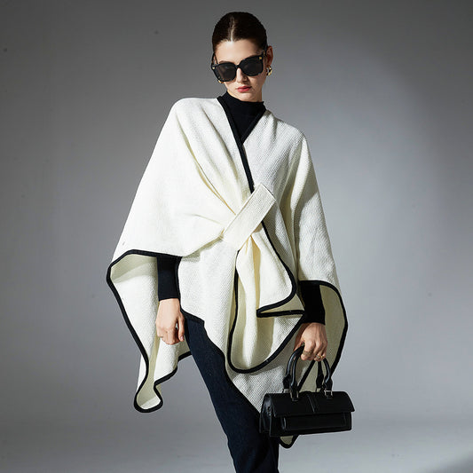 Mid-length Creamy-white Buckle Cross Shawl