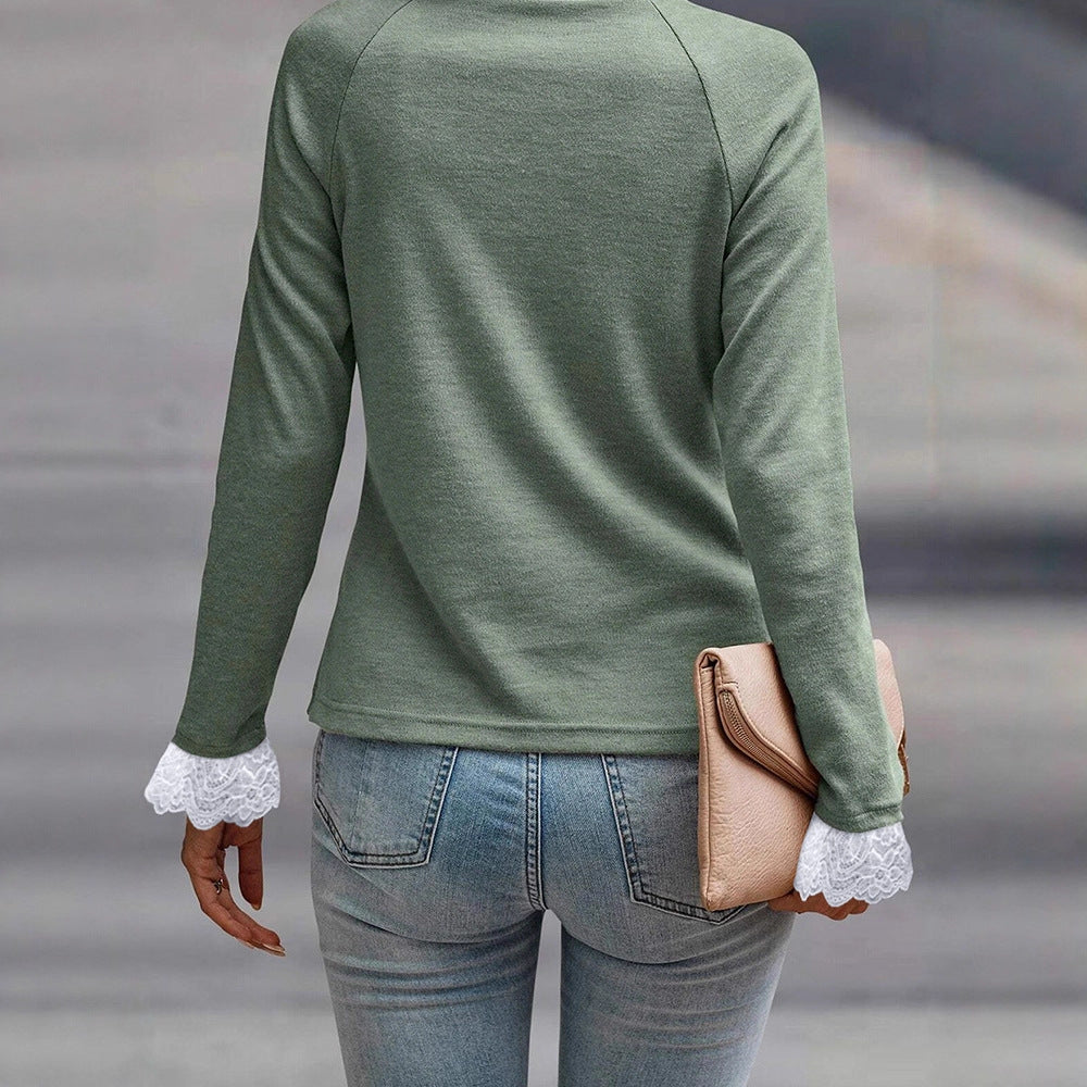 Solid-color Versatile Lace-panel Long-sleeve Top For Women