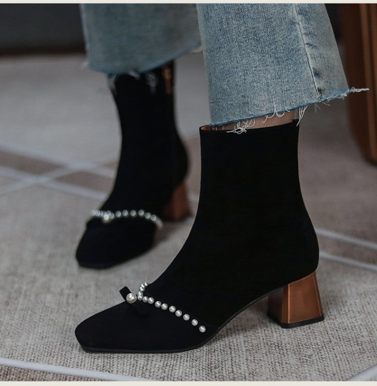 Thick Heel Round Head Pearl Bow Knot Side Zipper Short Boots Mid Heel