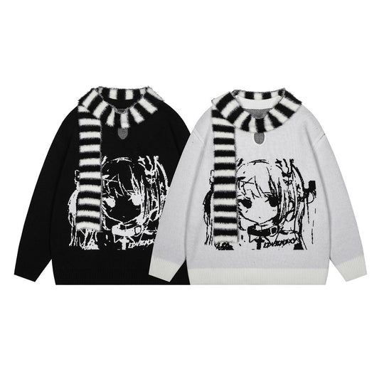 Anime Girl With Scarf Round Neck Sweater Men And Women Autumn And Winter Loose
