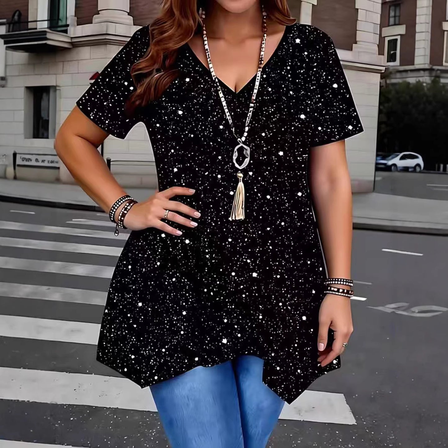 Asymmetrical Hem Short-sleeve V-neck Shimmering Top
