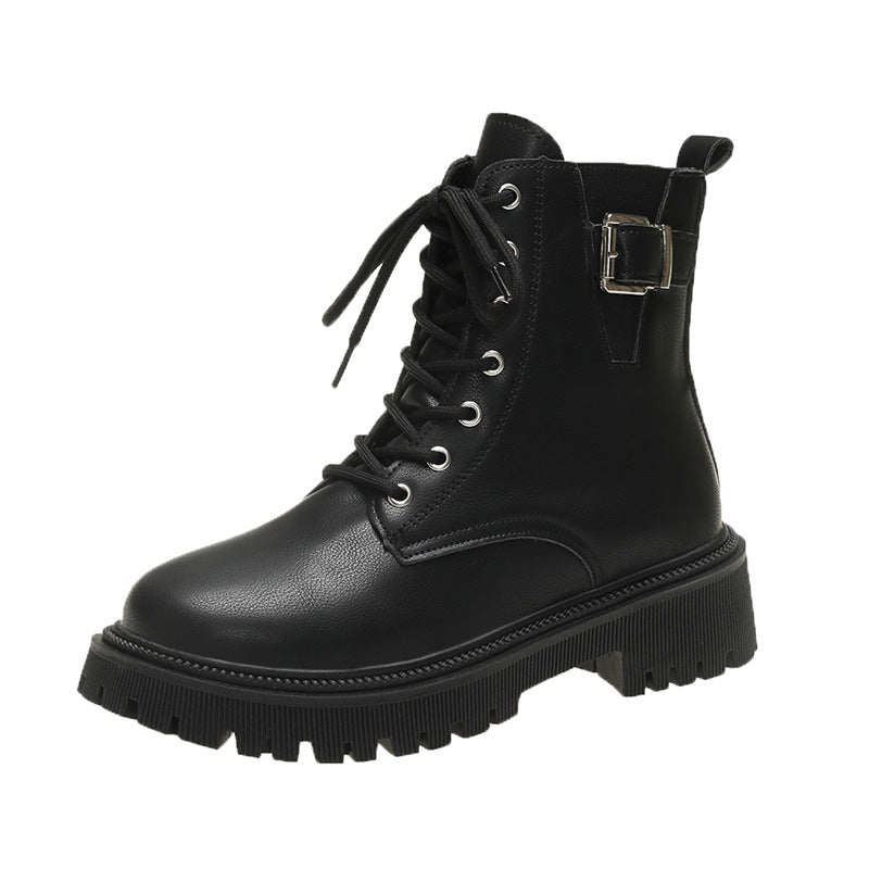 British Style Belt Buckle Lace Black Booties Autumn Winter Boots
