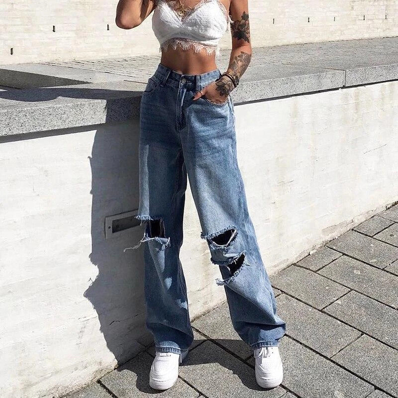 New style ripped high-rise wide-leg jeans