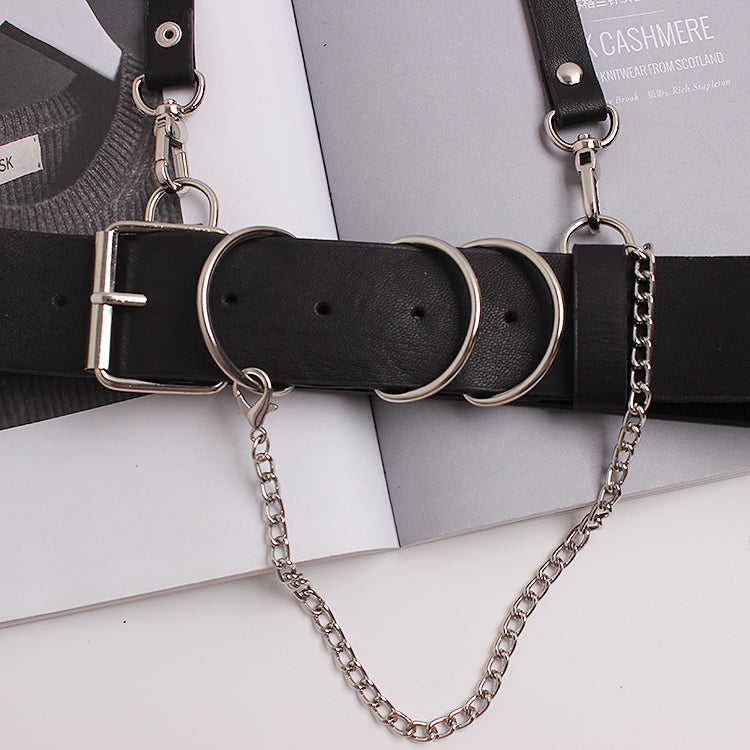 Concave shape black strap leather chain