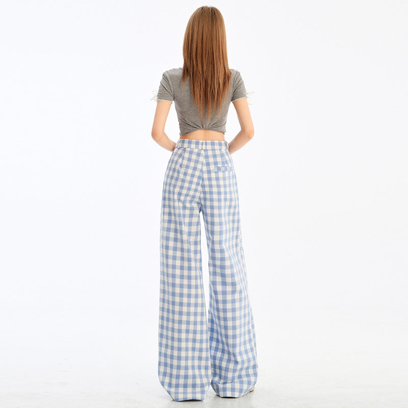 Blue Plaid Womens Loose-fitting Straight-leg Casual Pants