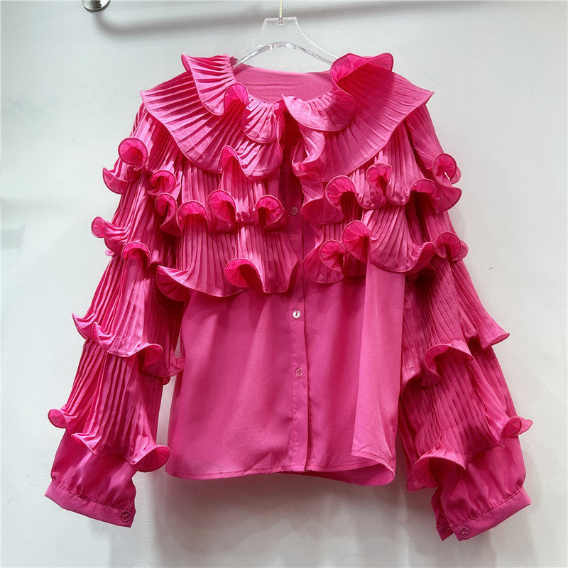 Korean Style Light Luxury Socialite Bubble Sleeve Ruffled Loose Chic Design Adult Lady Like Woman Temperament Top