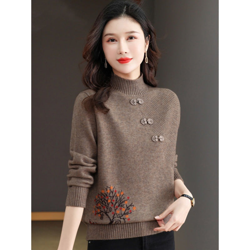 Chinese Style Half Turtleneck Bottoming Shirt Middle-aged Mom Sweater Chinese Knot Button Top
