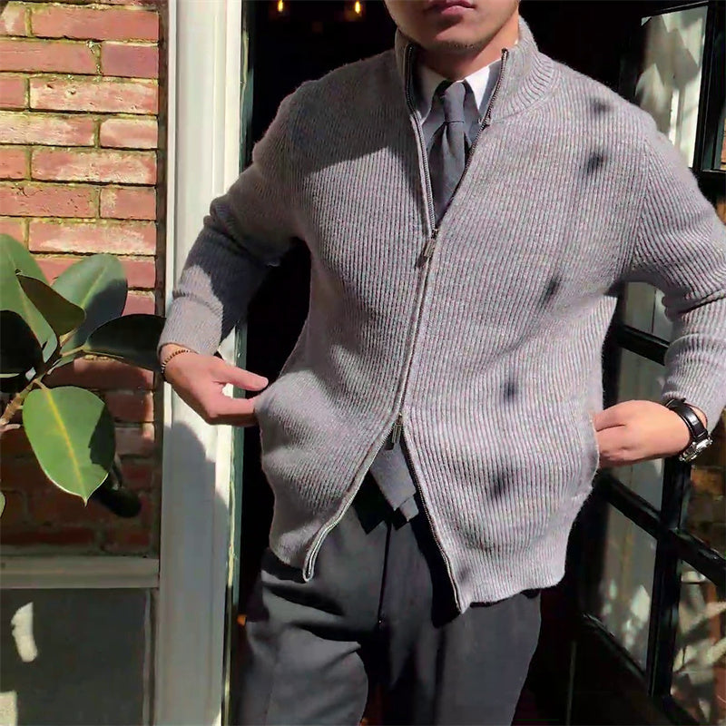 Standing Collar Long Sleeve Cardigan Knit Sweater Man