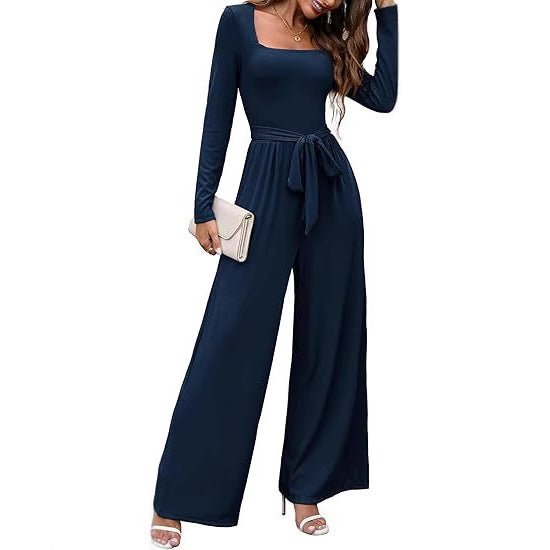 Fashionable Long-Sleeve Square-Neck Casual Jumpsuit With Waist Belt And Wide-Leg Pants
