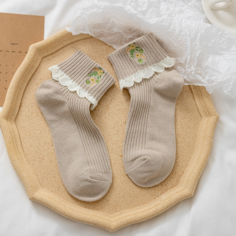 Women's Mid Tube Socks Combed Cotton Edge Embroidery