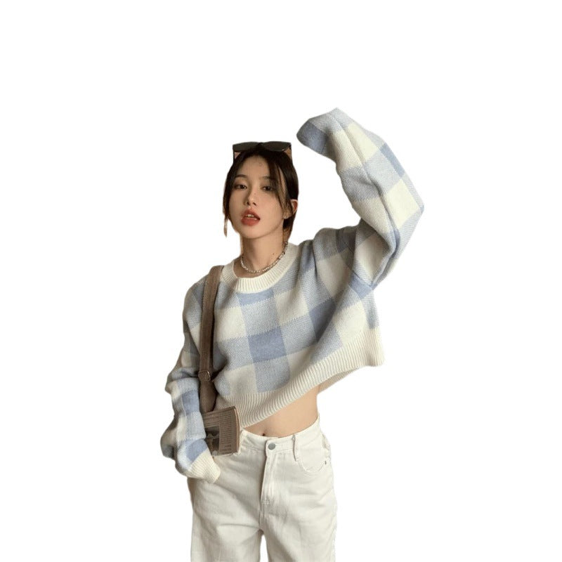 Dame, sød, alsidig kort sweater med tern
