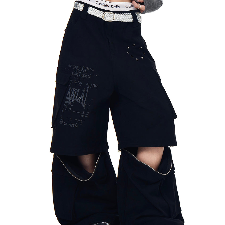 Removable Multi-pocket Cargo Pants Loose Wide-leg Pants