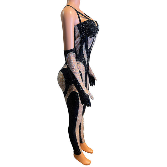 Black And White Contrast Color Gloves Sling Bandeau Slim-fit Sexy The Dinner Party Long Tight Jumpsuit