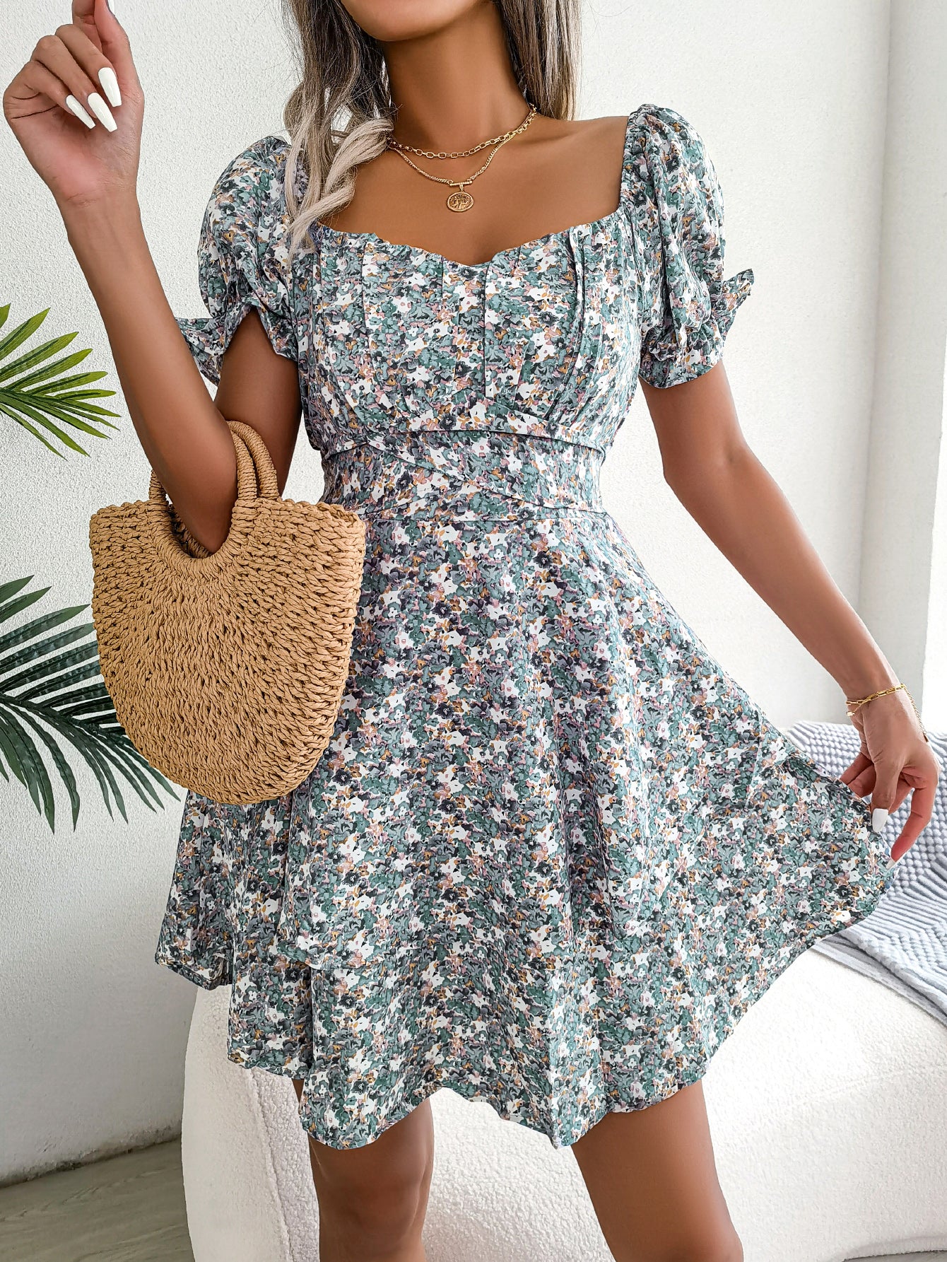 Women  Elegant Floral Print Tie Waist Flowy Dress