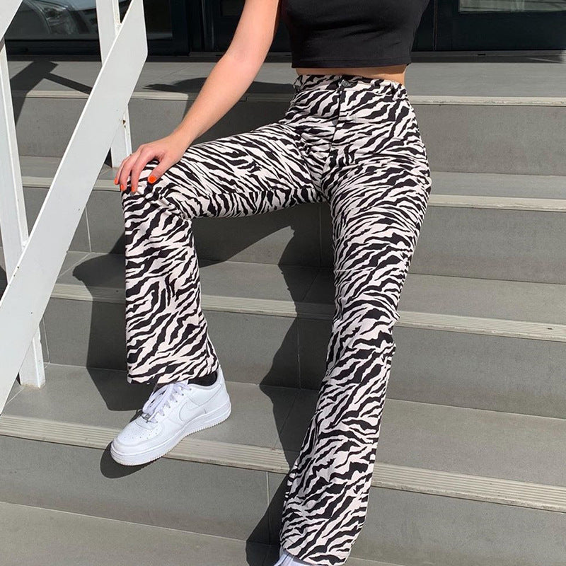 Black and white pattern straight-leg pants
