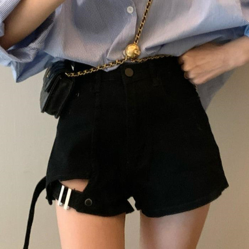 irregular high waist denim shorts