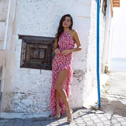 Slant Neckline Ruffled Irregular Dress With Floral Details