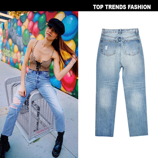 Washed cat whiskers straight frayed jeans