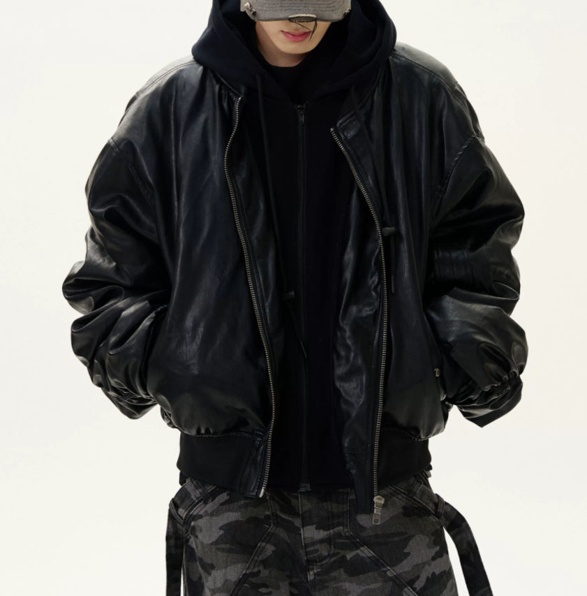 Fake Two-Piece Stitched Hooded Thickened PU Leather Padded Jacket Coat