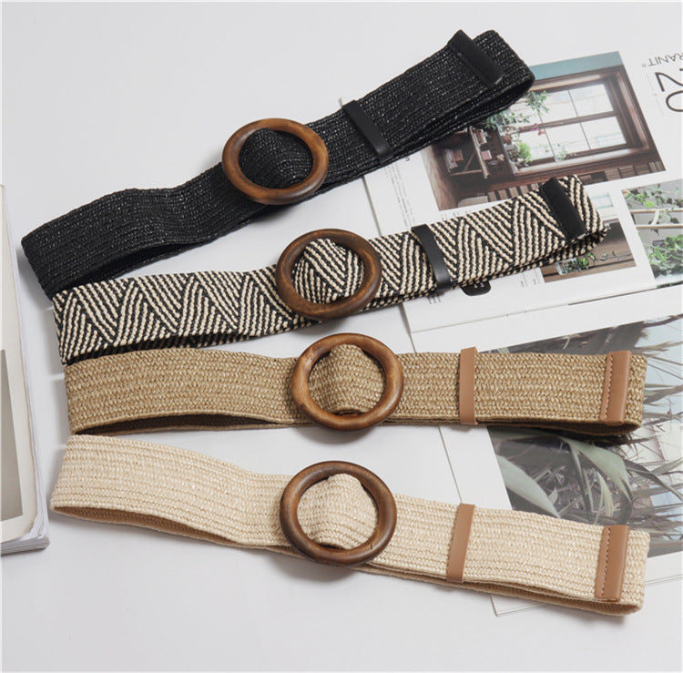 Woven round buckle belt with bohemian wax rope